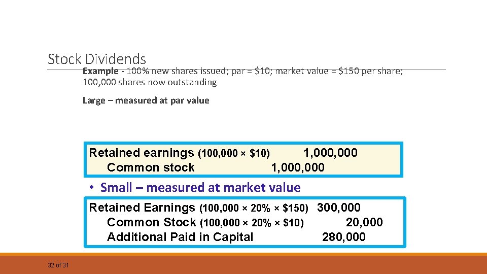 Stock Dividends Example - 100% new shares issued; par = $10; market value =