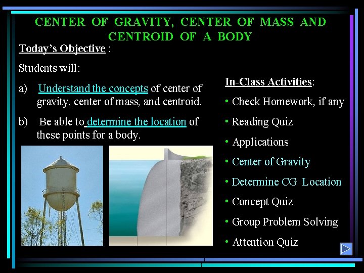 CENTER OF GRAVITY, CENTER OF MASS AND CENTROID OF A BODY Today’s Objective :