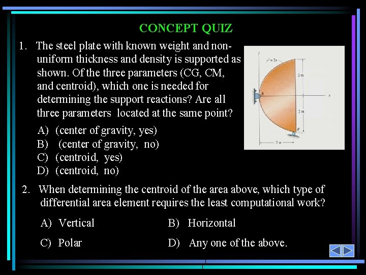 CONCEPT QUIZ 1. The steel plate with known weight and nonuniform thickness and density