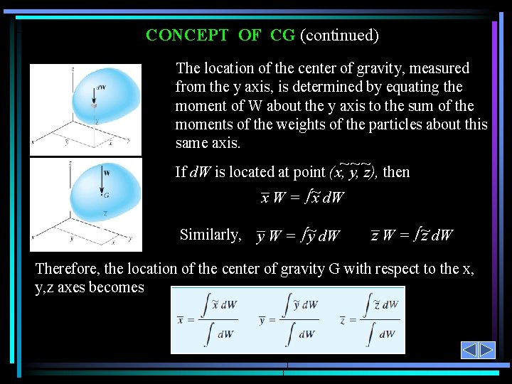 CONCEPT OF CG (continued) The location of the center of gravity, measured from the