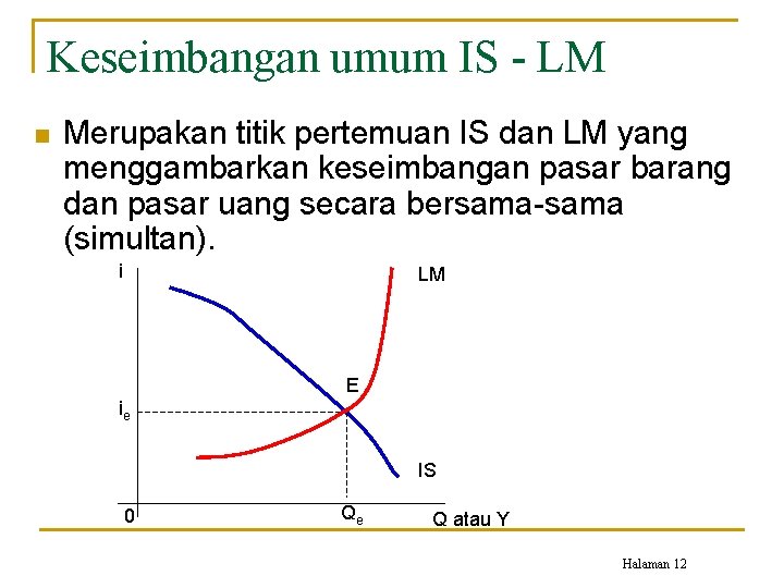 Keseimbangan umum IS - LM n Merupakan titik pertemuan IS dan LM yang menggambarkan