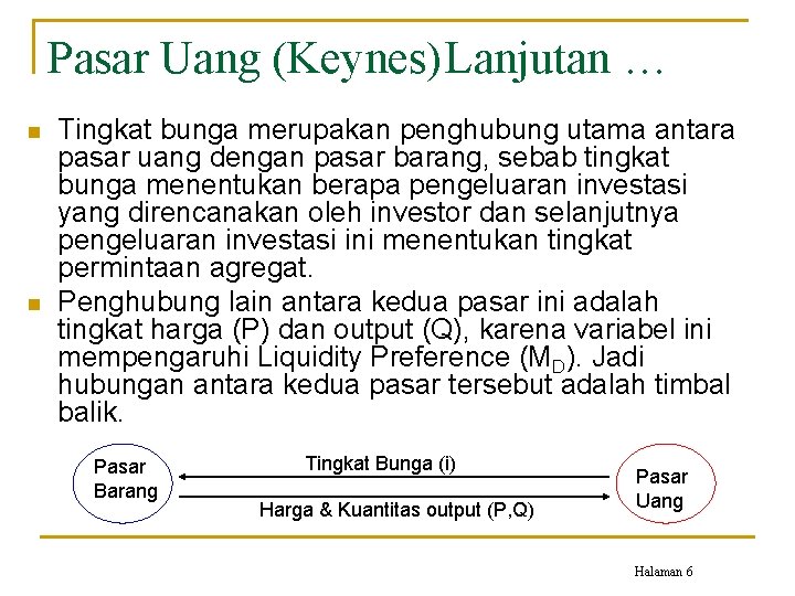 Pasar Uang (Keynes)Lanjutan … n n Tingkat bunga merupakan penghubung utama antara pasar uang