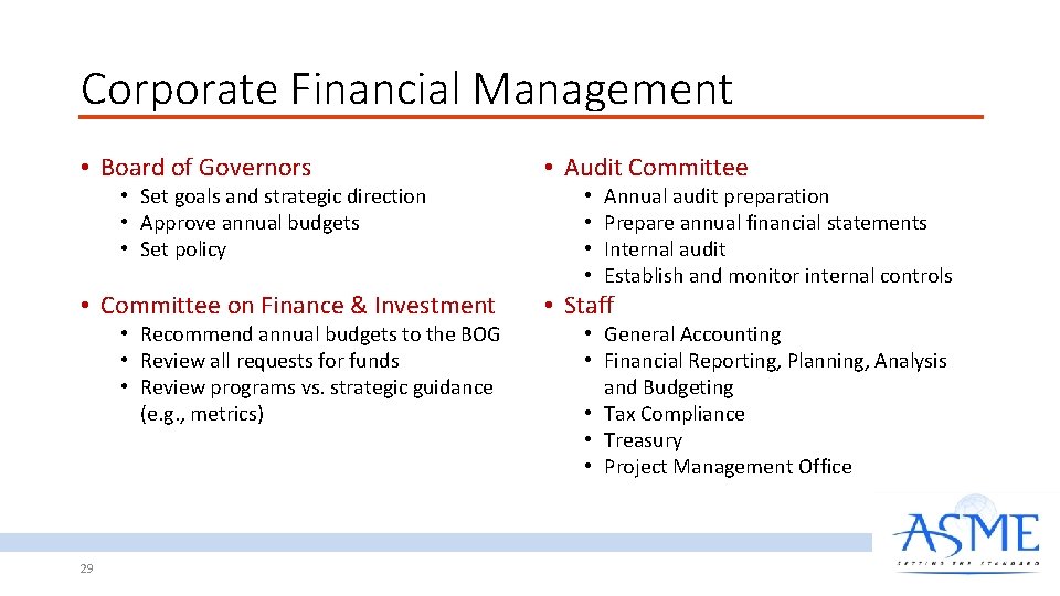 Corporate Financial Management • Board of Governors • Set goals and strategic direction •
