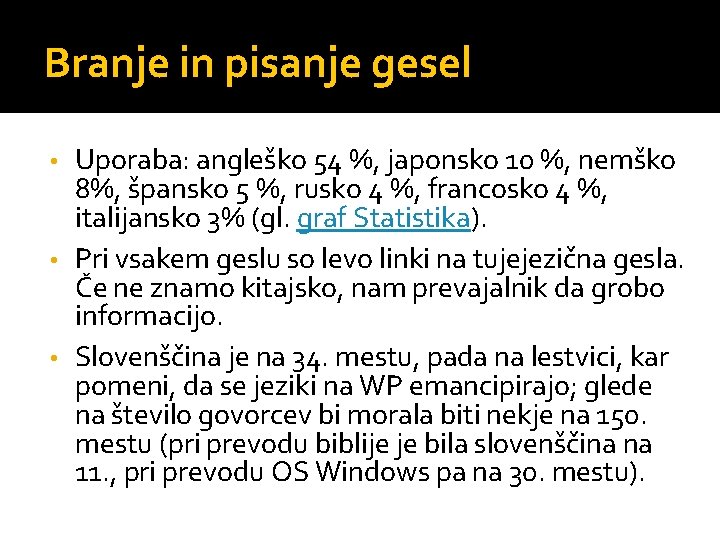 Branje in pisanje gesel Uporaba: angleško 54 %, japonsko 10 %, nemško 8%, špansko