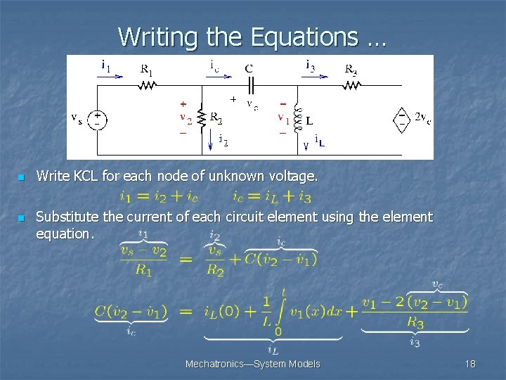 Writing the Equations … n n Write KCL for each node of unknown voltage. Writing the Equations … n n Write KCL for each node of unknown voltage.