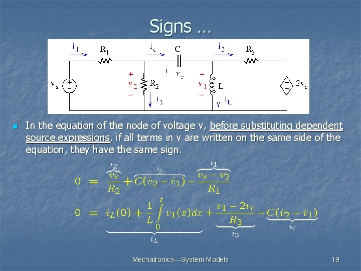 Signs … n In the equation of the node of voltage v, before substituting Signs … n In the equation of the node of voltage v, before substituting