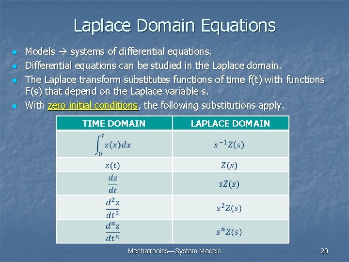 Laplace Domain Equations n n Models systems of differential equations. Differential equations can be Laplace Domain Equations n n Models systems of differential equations. Differential equations can be