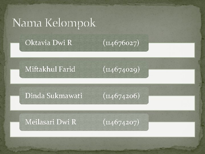 Nama Kelompok Oktavia Dwi R (114676027) Miftakhul Farid (114674029) Dinda Sukmawati (114674206) Meilasari Dwi