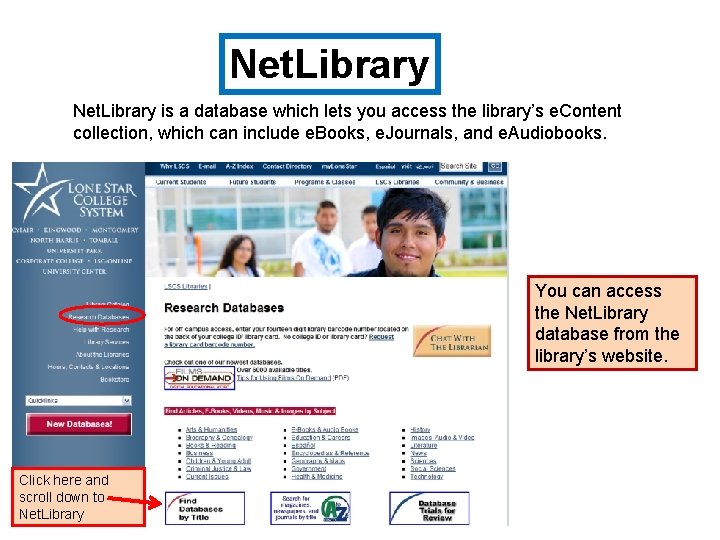 Net. Library is a database which lets you access the library’s e. Content collection,