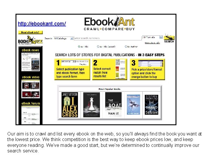 http: //ebookant. com/ Our aim is to crawl and list every ebook on the