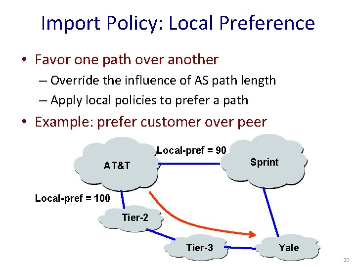 Import Policy: Local Preference • Favor one path over another – Override the influence