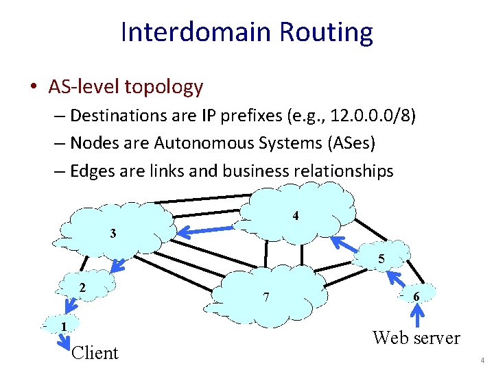 Interdomain Routing • AS-level topology – Destinations are IP prefixes (e. g. , 12.