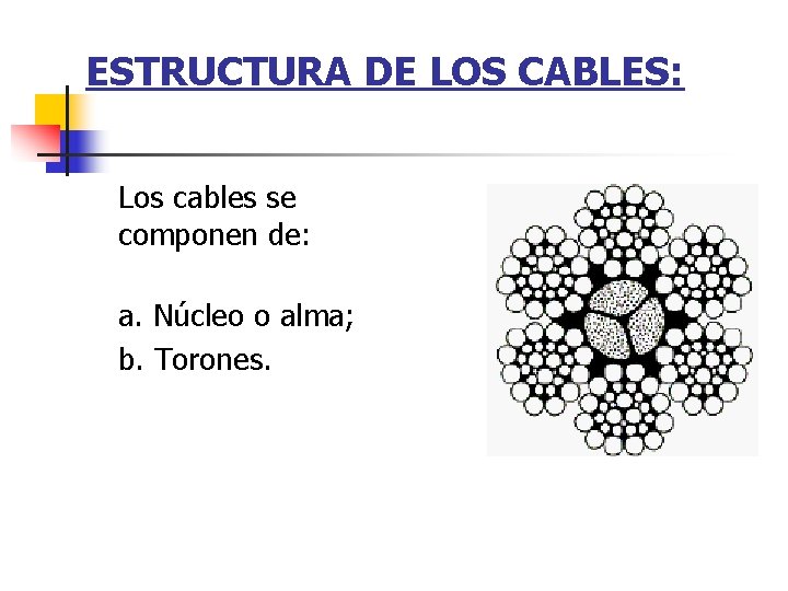 ESTRUCTURA DE LOS CABLES: Los cables se componen de: a. Núcleo o alma; b.