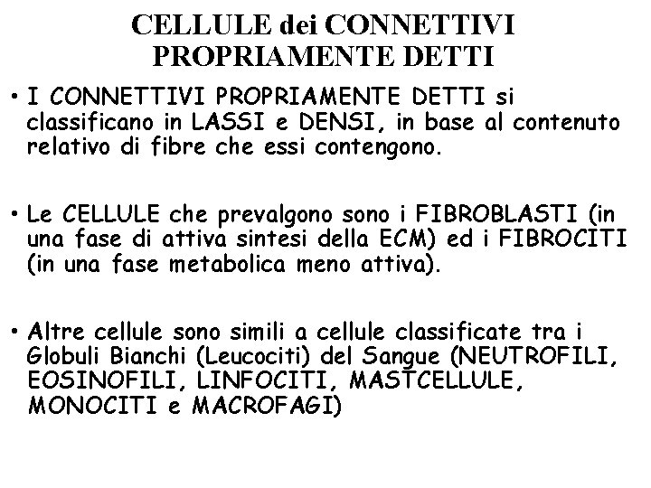 CELLULE dei CONNETTIVI PROPRIAMENTE DETTI • I CONNETTIVI PROPRIAMENTE DETTI si classificano in LASSI