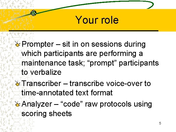 Your role Prompter – sit in on sessions during which participants are performing a