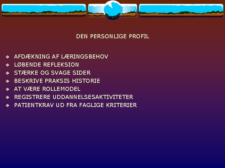 DEN PERSONLIGE PROFIL v v v v AFDÆKNING AF LÆRINGSBEHOV LØBENDE REFLEKSION STÆRKE OG