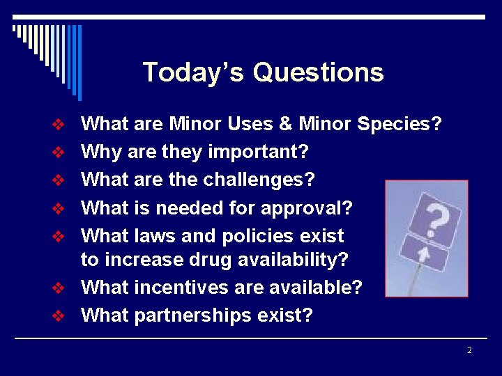 Today’s Questions v What are Minor Uses & Minor Species? v Why are they