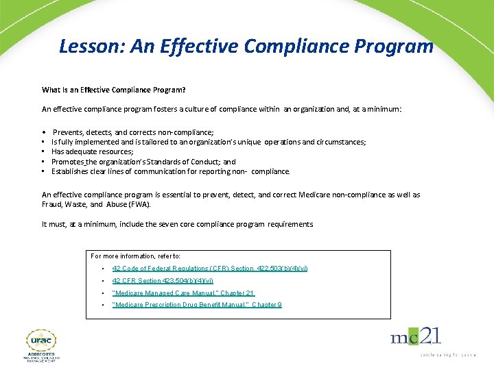 Lesson: An Effective Compliance Program What Is an Effective Compliance Program? An effective compliance