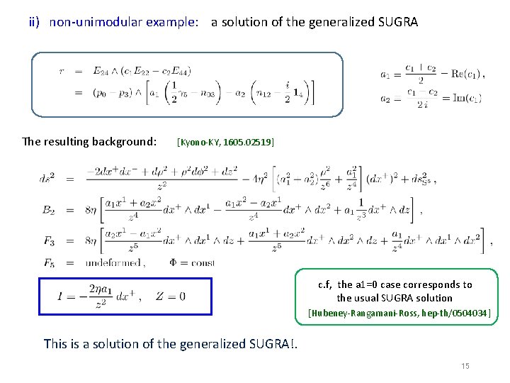 ii) non-unimodular example: a solution of the generalized SUGRA  The resulting background: [Kyono-KY,