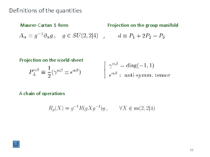 Definitions of the quantities Maurer-Cartan 1 -form Projection on the group manifold , Projection