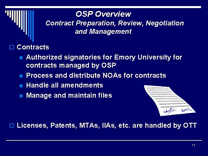 OSP Overview Contract Preparation, Review, Negotiation and Management o Contracts n n Authorized signatories