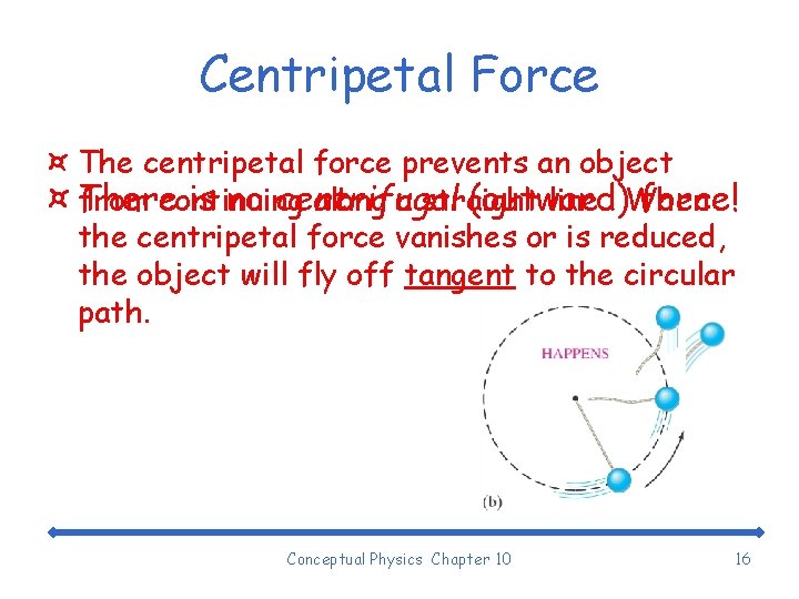 Centripetal Force ¤ The centripetal force prevents an object from continuing along a straight