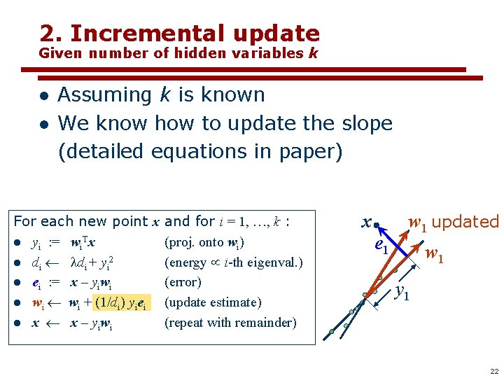 2. Incremental update Given number of hidden variables k l l Assuming k is