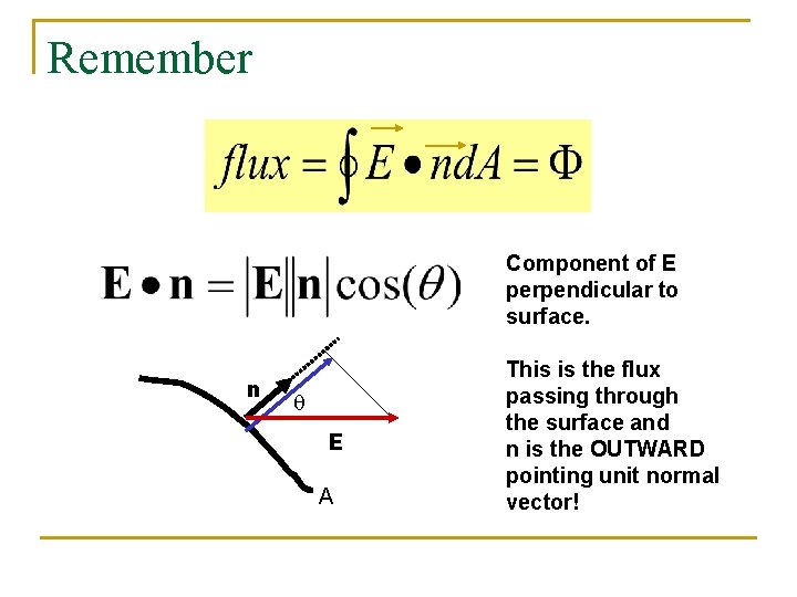 Remember Component of E perpendicular to surface. n q E A This is the