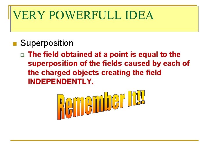 VERY POWERFULL IDEA n Superposition q The field obtained at a point is equal