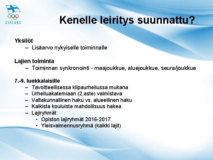 Kenelle leiritys suunnattu? Yksilöt – Lisäarvo nykyiselle toiminnalle Lajien toiminta – Toiminnan synkronointi -