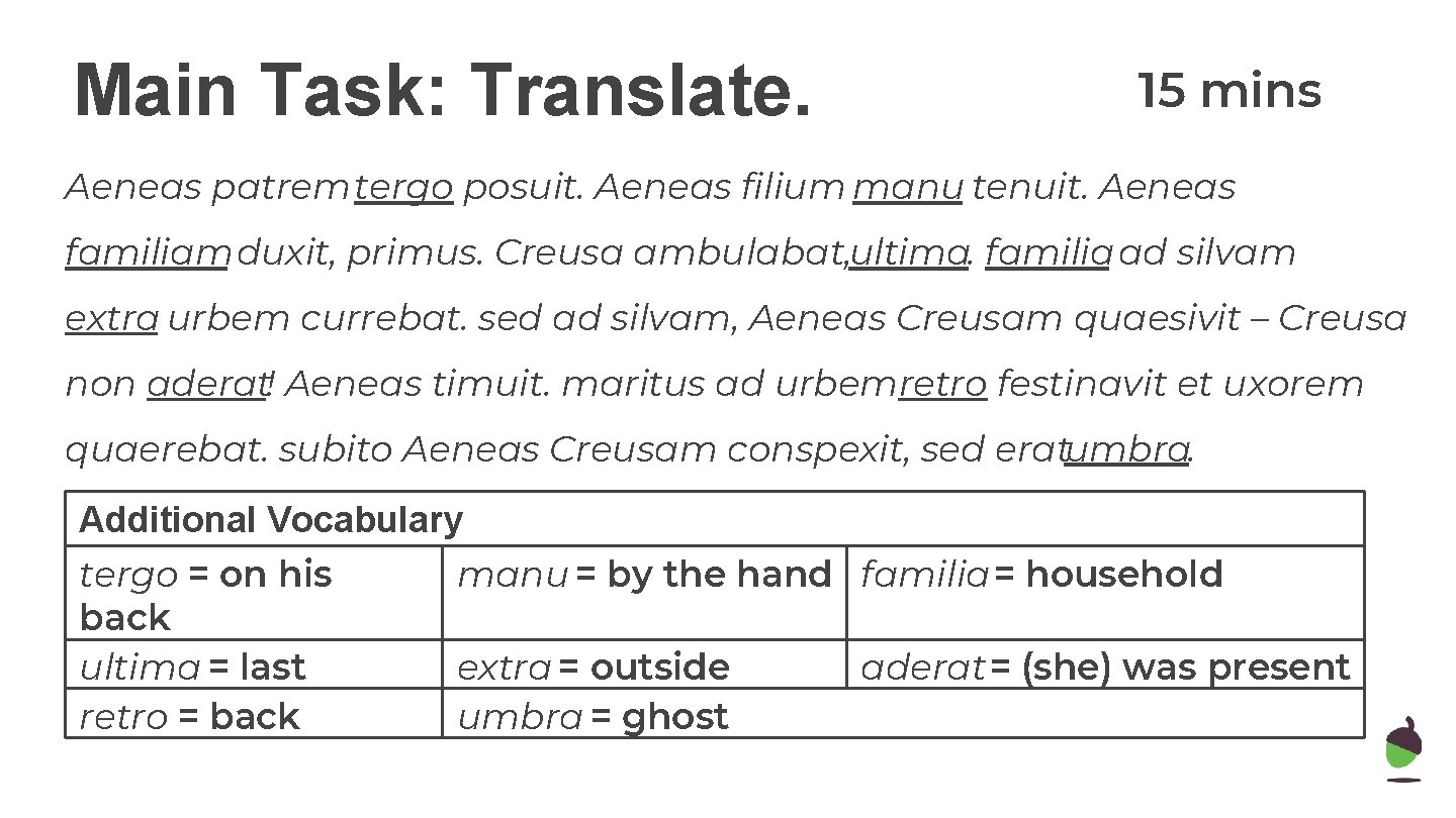 Main Task: Translate. 15 mins Aeneas patrem tergo posuit. Aeneas filium manu tenuit. Aeneas