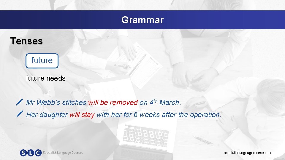 Grammar Tenses future needs Mr Webb’s stitches will be removed on 4 th March.