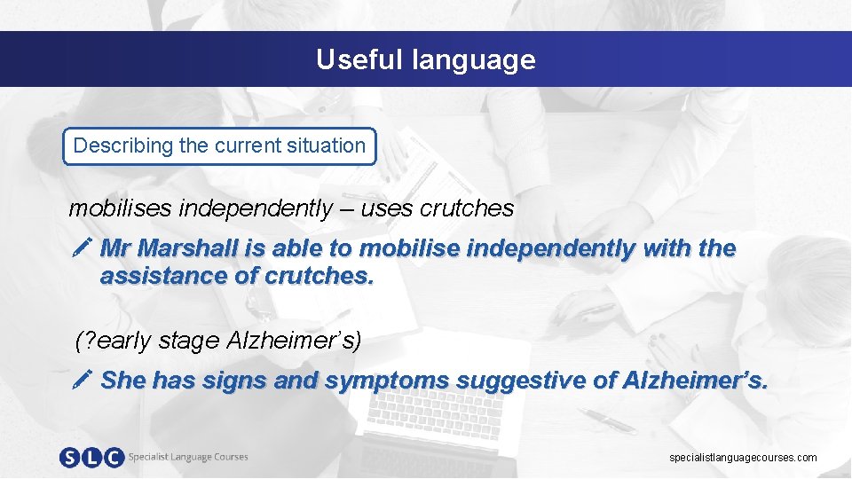 Useful language Describing the current situation mobilises independently – uses crutches Mr Marshall is