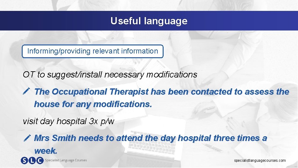 Useful language Informing/providing relevant information OT to suggest/install necessary modifications The Occupational Therapist has