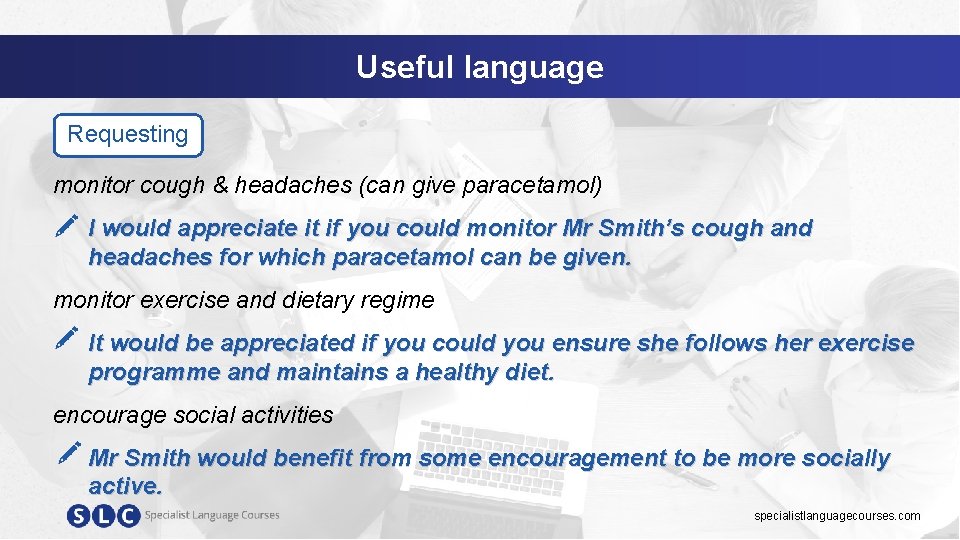 Useful language Requesting monitor cough & headaches (can give paracetamol) I would appreciate it