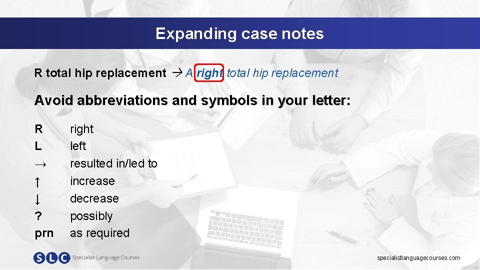 Expanding case notes R total hip replacement A right total hip replacement Avoid abbreviations