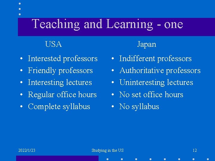 Teaching and Learning - one USA • • • Japan Interested professors Friendly professors