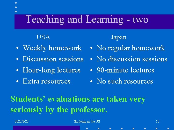 Teaching and Learning - two USA • • Japan Weekly homework Discussion sessions Hour-long