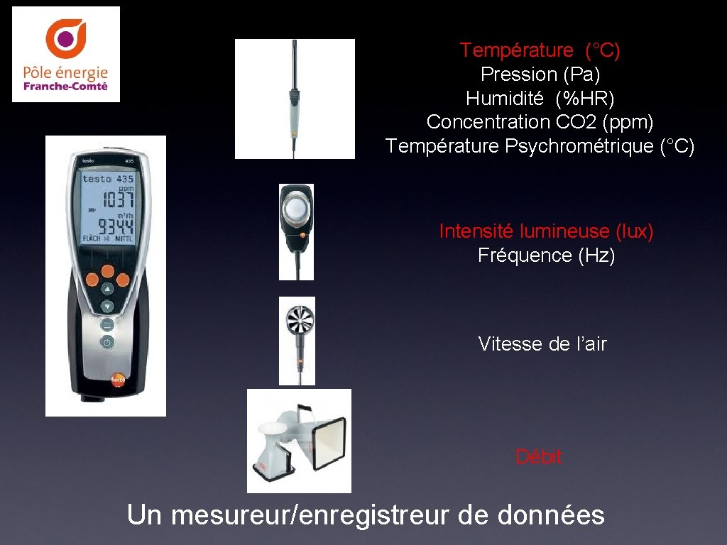 Température (°C) Pression (Pa) Humidité (%HR) Concentration CO 2 (ppm) Température Psychrométrique (°C) Intensité