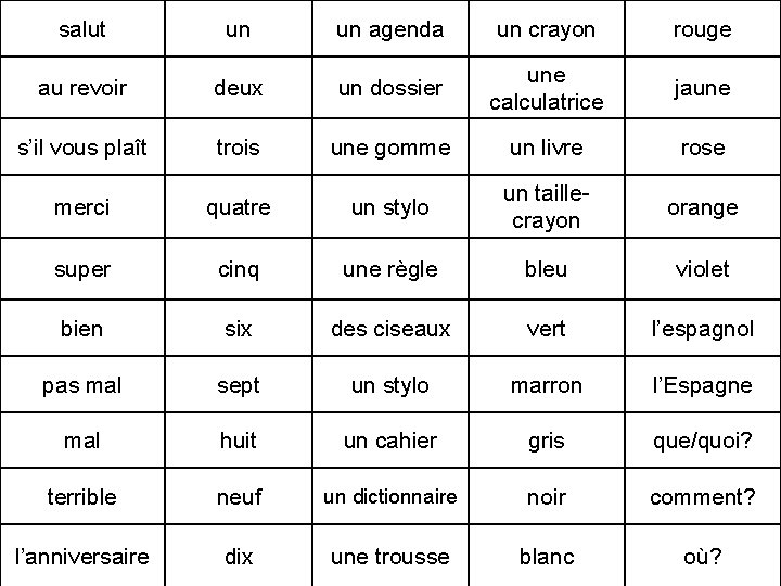 salut un un agenda un crayon rouge jaune au revoir deux un dossier une