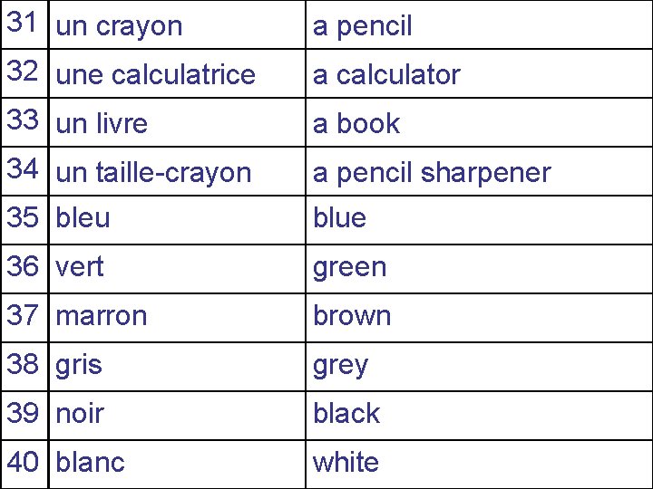 31 un crayon a pencil 32 une calculatrice a calculator 33 un livre a