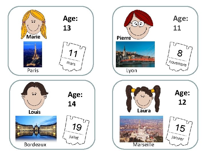Age: 11 Age: 13 Marie Pierre 11 8 novem mars Paris Louis bre Lyon