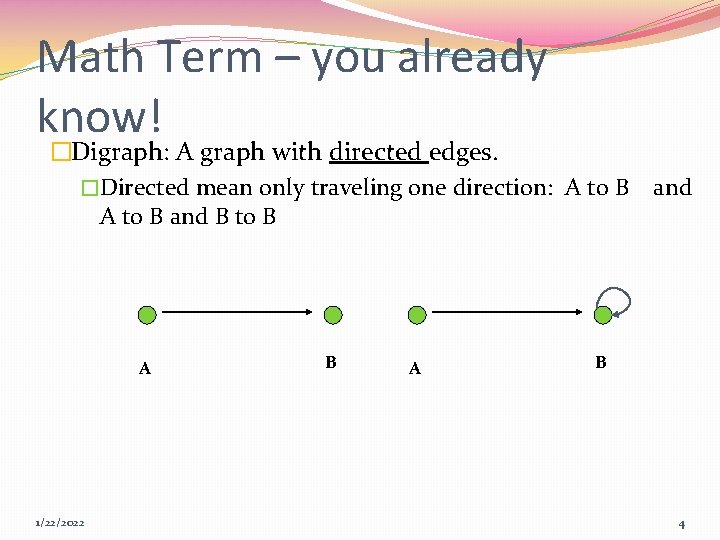 Math Term – you already know! �Digraph: A graph with directed edges. �Directed mean