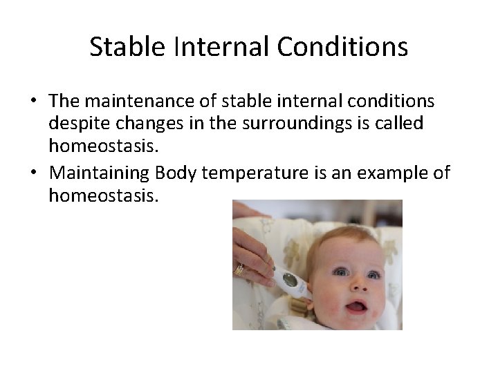 Stable Internal Conditions • The maintenance of stable internal conditions despite changes in the