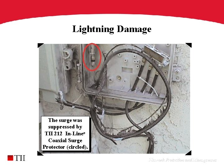 Lightning Damage The surge was suppressed by TII 212 In-Line® Coaxial Surge Protector (circled).