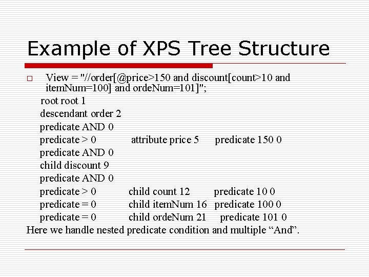Example of XPS Tree Structure View = "//order[@price>150 and discount[count>10 and item. Num=100] and
