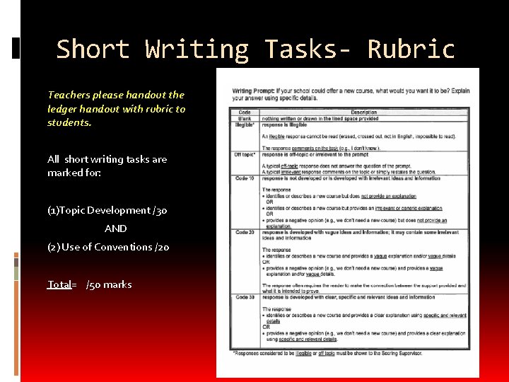 Short Writing Tasks- Rubric Teachers please handout the ledger handout with rubric to students.