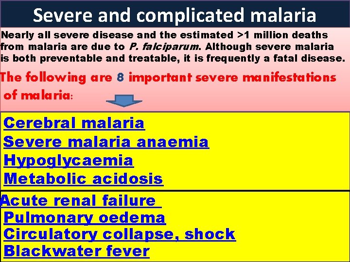 Severe and complicated malaria Nearly all severe disease and the estimated >1 million deaths