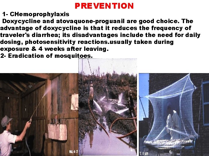 PREVENTION 1 - CHemoprophylaxis Doxycycline and atovaquone-proguanil are good choice. The advantage of doxycycline