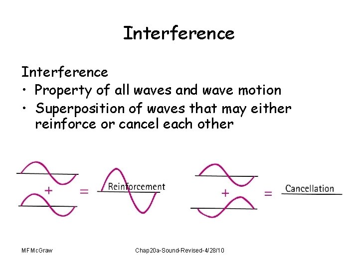 Interference • Property of all waves and wave motion • Superposition of waves that